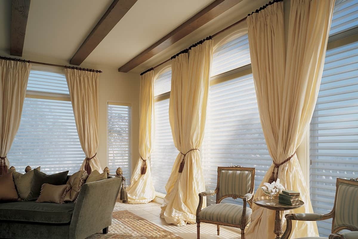 Hunter Douglas Silhouette® Sheer Shades with custom floor-to-ceiling drapery near Westford, Massachusetts (MA)