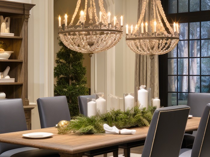 Dining room table featuring flameless candles as the centerpiece, and two chandeliers with flameless candles hovering above. 